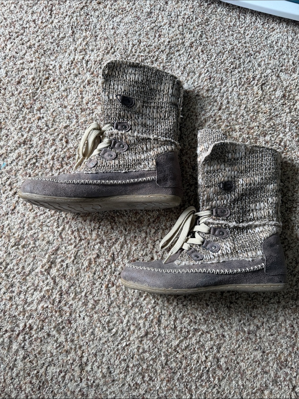 Muk Luks Knit & Suede Lace-Up Ankle Boots - Taupe/Brown